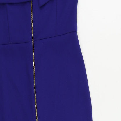 Brand and care label for ASOS women’s blue polyester bodycon, size UK 10, square neck zip