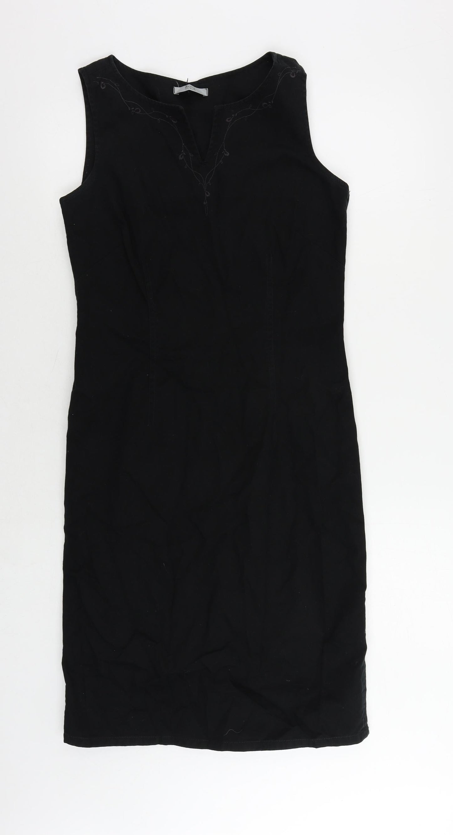 Marks and Spencer Womens Black Cotton Pencil Dress Size 10 V-Neck Zip - Embroidered