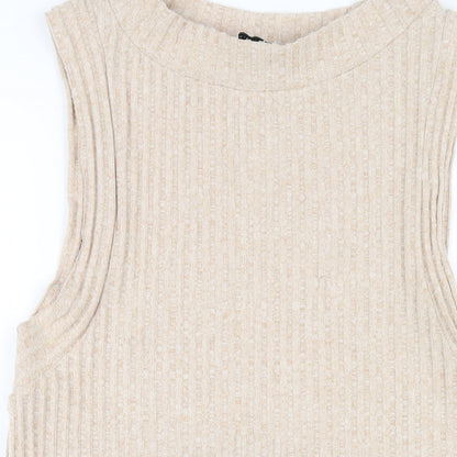 Close-up detail of ASOS women’s beige polyester mini, size UK 8, boat neck pullover
