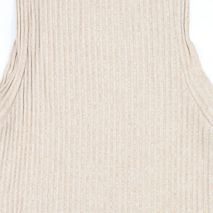Brand and care label for ASOS women’s beige polyester mini, size UK 8, boat neck pullover