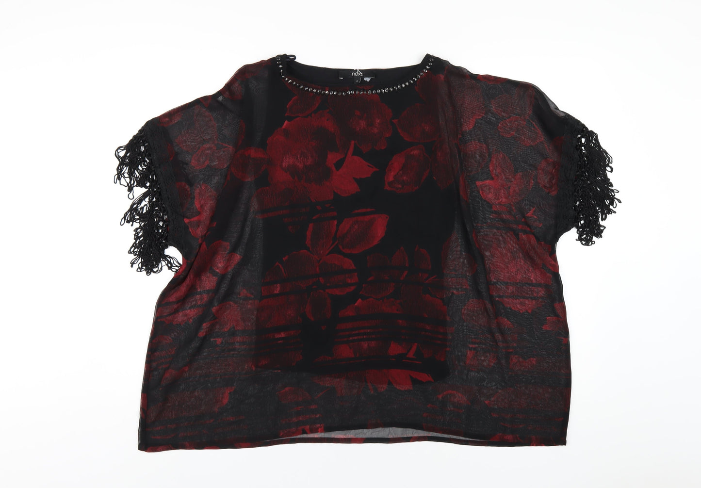 NEXT Womens Red Floral Polyester Basic T-Shirt Size 12 Round Neck - Beaded Neckline Tassled Sleeve
