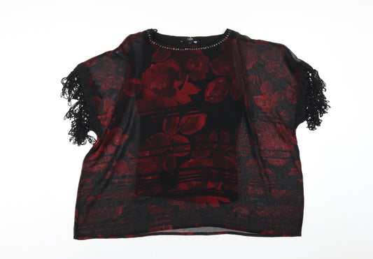 NEXT Womens Red Floral Polyester Basic T-Shirt Size 12 Round Neck - Beaded Neckline Tassled Sleeve