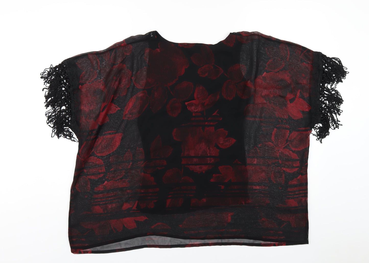 NEXT Womens Red Floral Polyester Basic T-Shirt Size 12 Round Neck - Beaded Neckline Tassled Sleeve