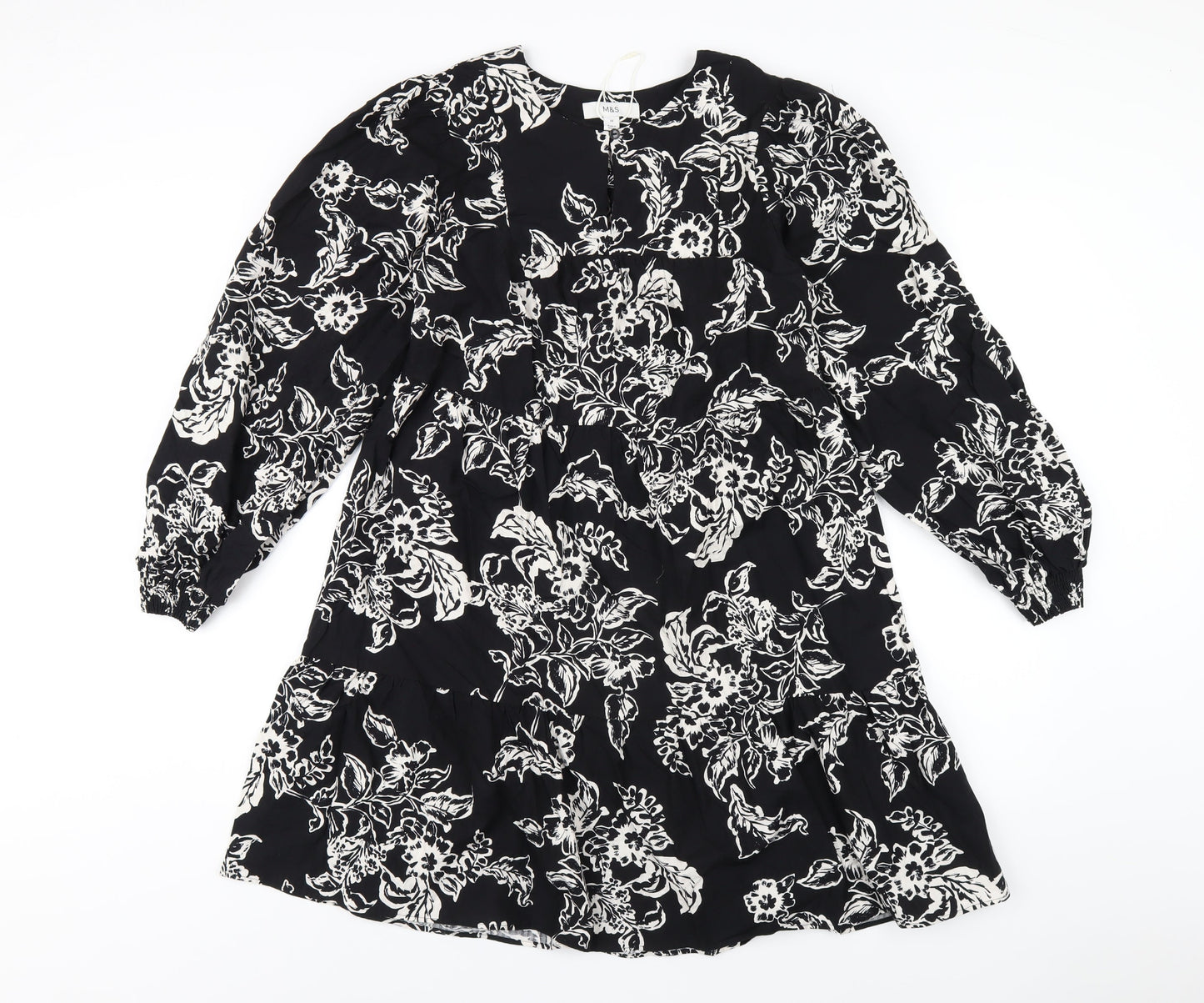 Marks and Spencer Womens Black Floral Cotton A-Line Size 10 Round Neck Button