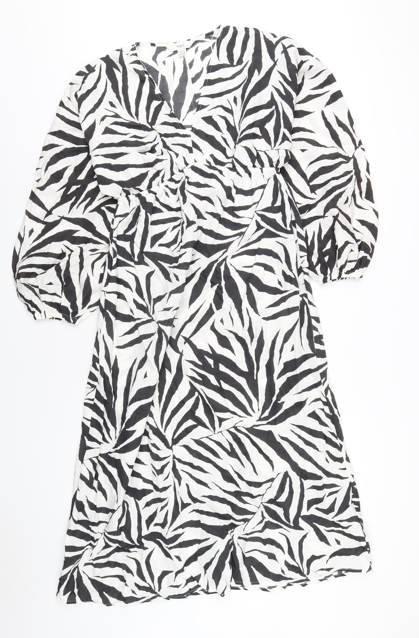 Marks and Spencer Womens White Geometric Polyester A-Line Size 10 V-Neck Pullover