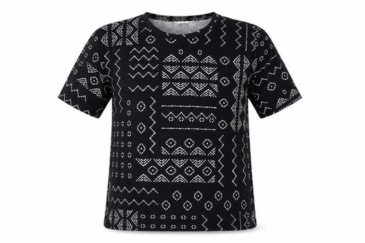 Marks and Spencer Womens Black Geometric Polyester Basic T-Shirt Size 8 Round Neck