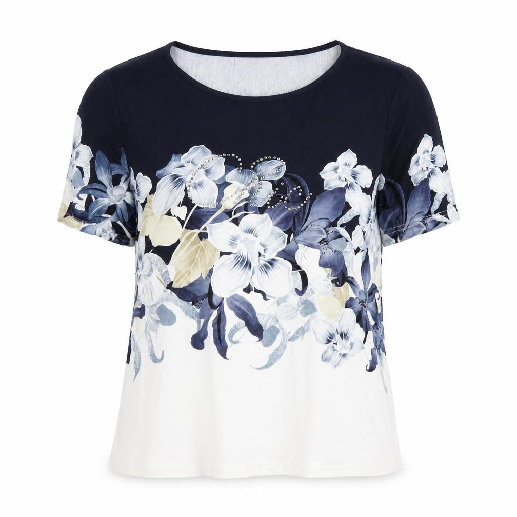 Mona Womens Blue Floral Viscose Basic Blouse Size 12 Round Neck