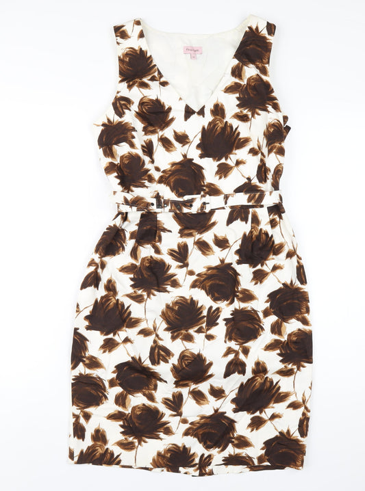 Phase Eight Womens Brown Floral Cotton Pencil Dress Size 10 V-Neck Zip