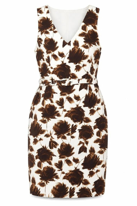 Phase Eight Womens Brown Floral Cotton Pencil Dress Size 10 V-Neck Zip