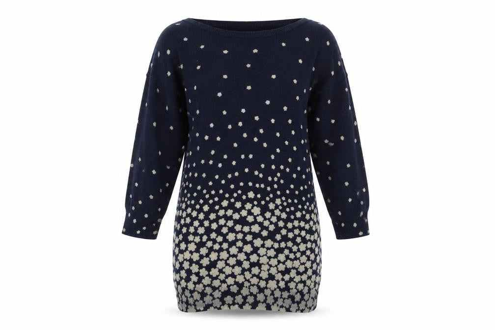 Monsoon Womens Blue Boat Neck Geometric Cotton Pullover Jumper Size S