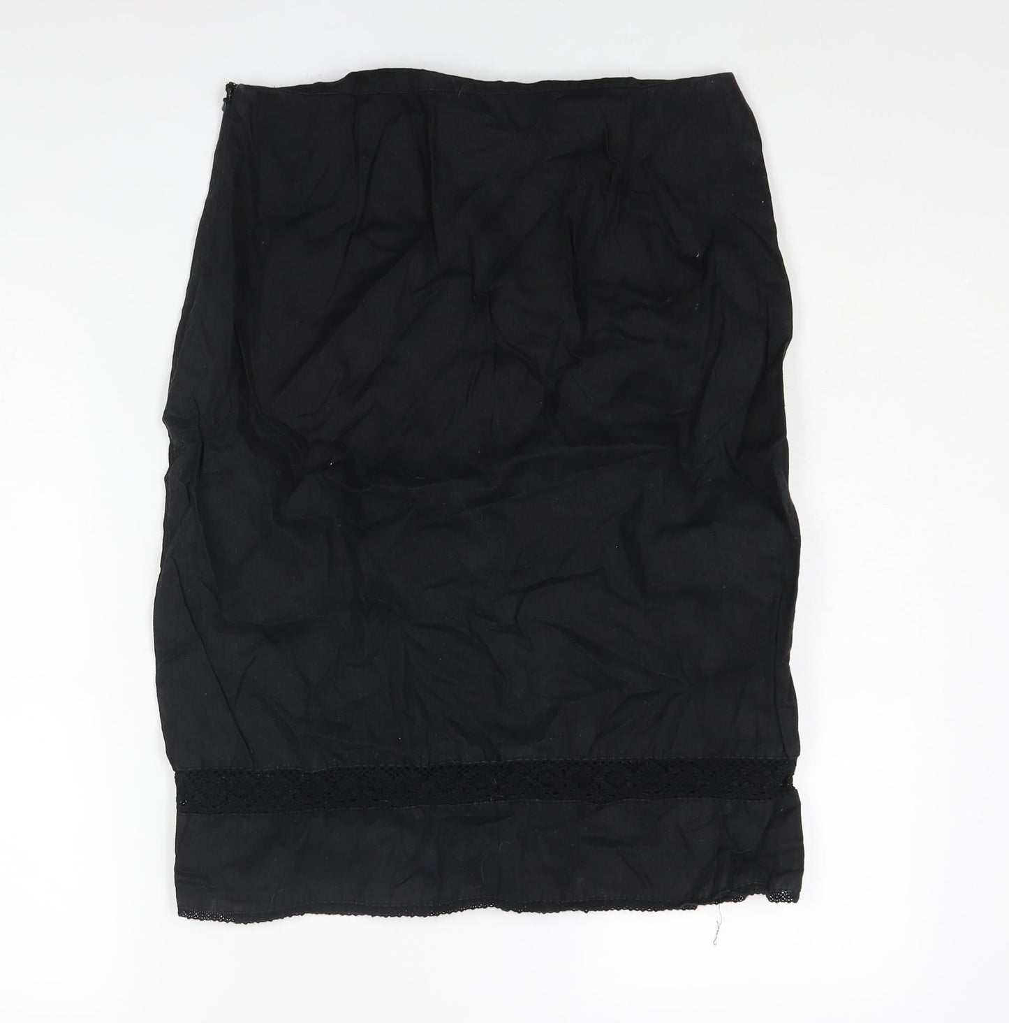 Wallis Womens Black Linen Straight & Pencil Skirt Size 14 Zip - Lace Detail