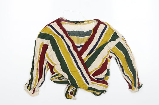 Zara Womens Multicoloured Striped Viscose Wrap Blouse Size XS V-Neck