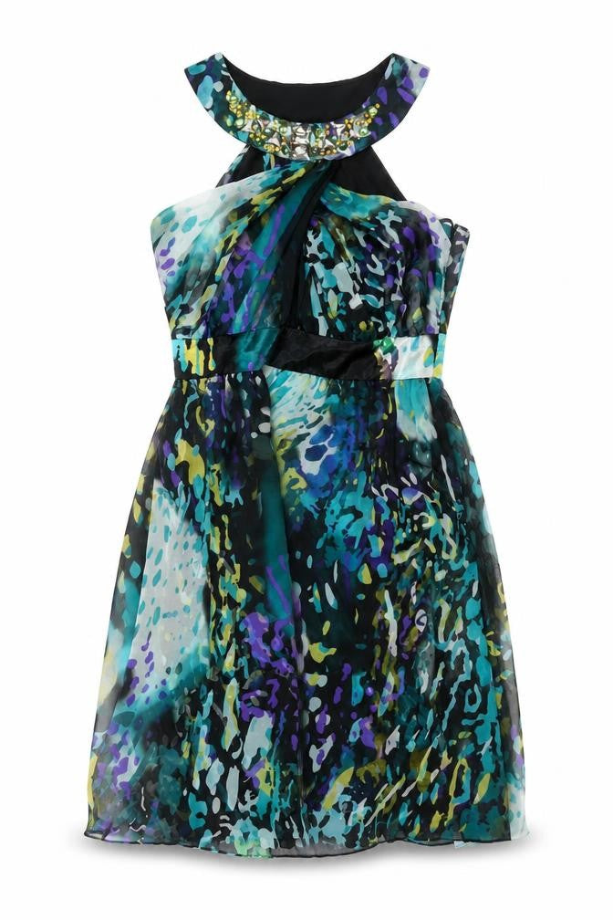 Miss Sizty Womens Multicoloured Geometric Polyester A-Line Size 10 Round Neck Zip - Rhinestone Detail