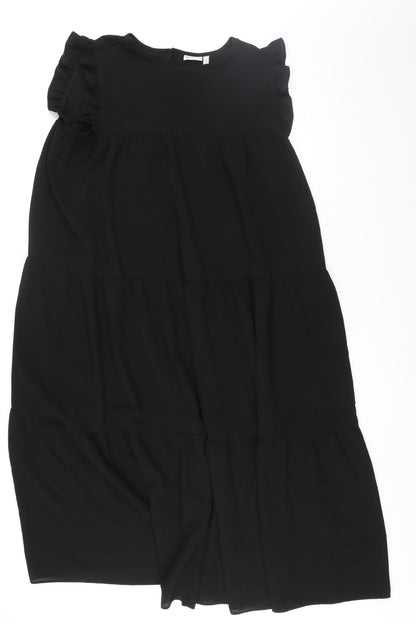 Additional front view of ASOS women’s black polyester shift, size UK 8, round neck button - smocked frill