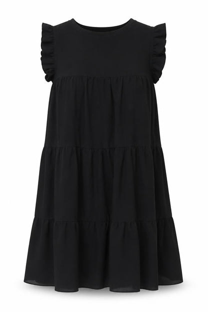 Front view of ASOS women’s black polyester shift, size UK 8, round neck button - smocked frill