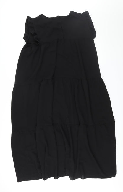 Back view of ASOS women’s black polyester shift, size UK 8, round neck button - smocked frill