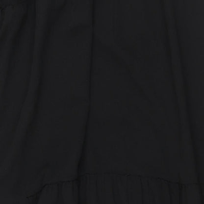 Brand and care label for ASOS women’s black polyester shift, size UK 8, round neck button - smocked frill
