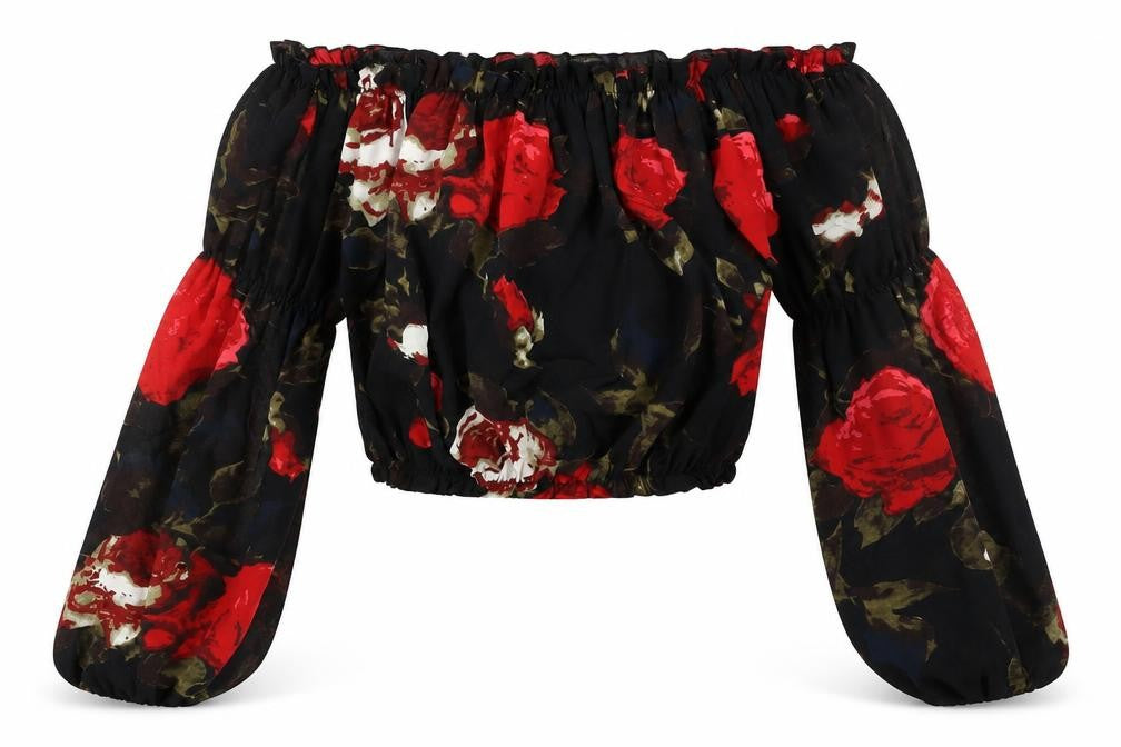 PRETTYLITTLETHING Womens Black Floral Polyester Cropped Blouse Size 10 Boat Neck - Rouched