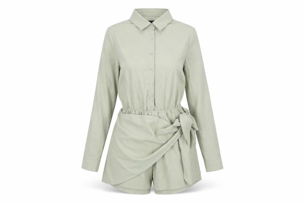 PRETTYLITTLETHING Womens Green Polyester Playsuit One-Piece Size 8 Button - Wrap Detail