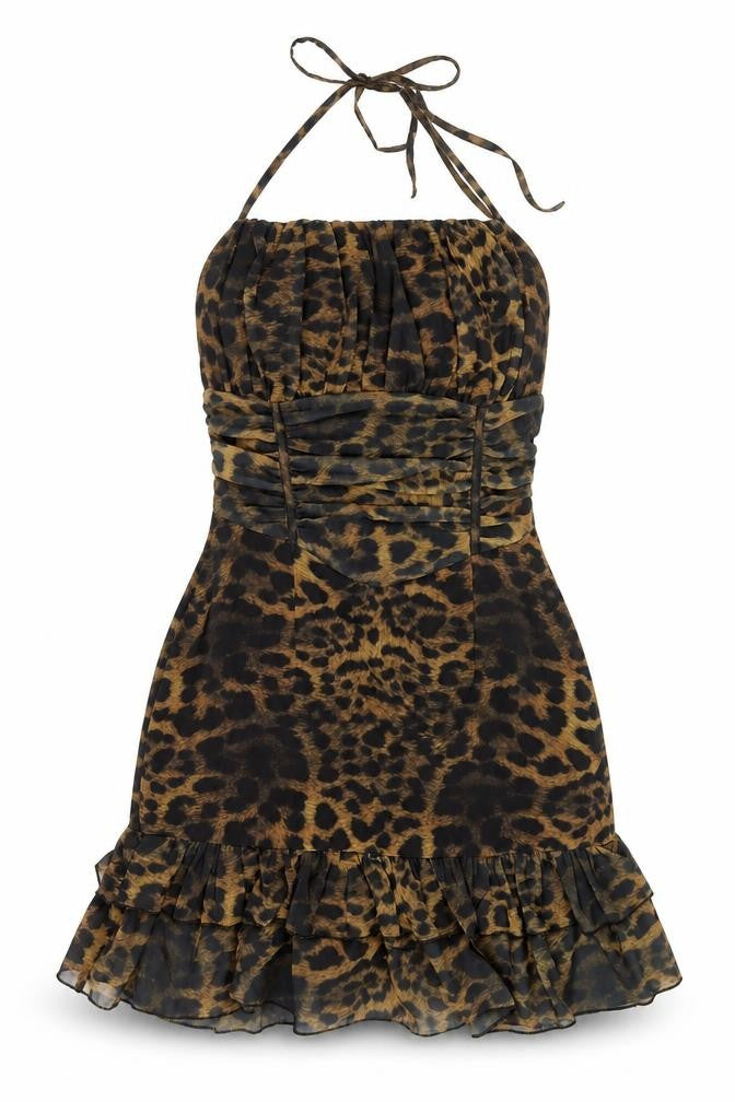 PRETTYLITTLETHING Womens Brown Animal Print Polyester Shift Size 6 Halter Zip - Frill Rouched Leopard Print