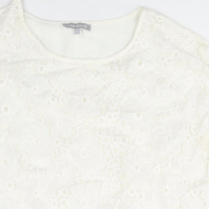 Close-up detail of Red Herring women’s ivory nylon basic blouse, size UK 14, round neck - lace front