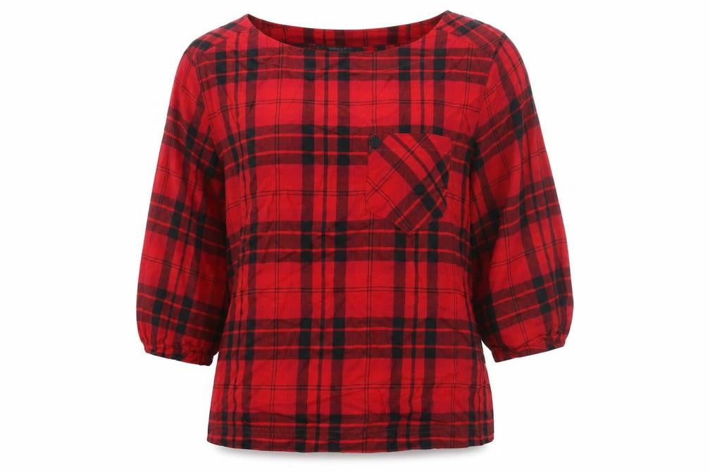 Marks & Spencer Womens Red Check Cotton Basic Blouse Size 14 Round Neck