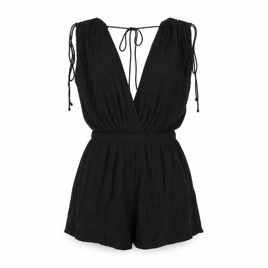 Front view of ASOS women’s black viscose playsuit one-piece, size UK 10, tie - drawstring detail