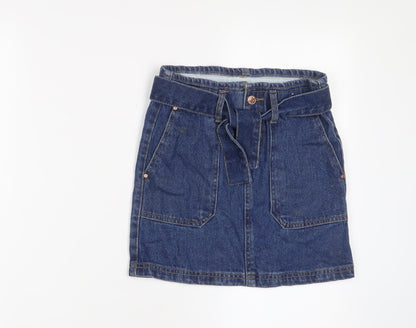 Additional front view of Denim & Co. girls’ blue cotton a-line skirt, size 9-10, years regular zip - belted