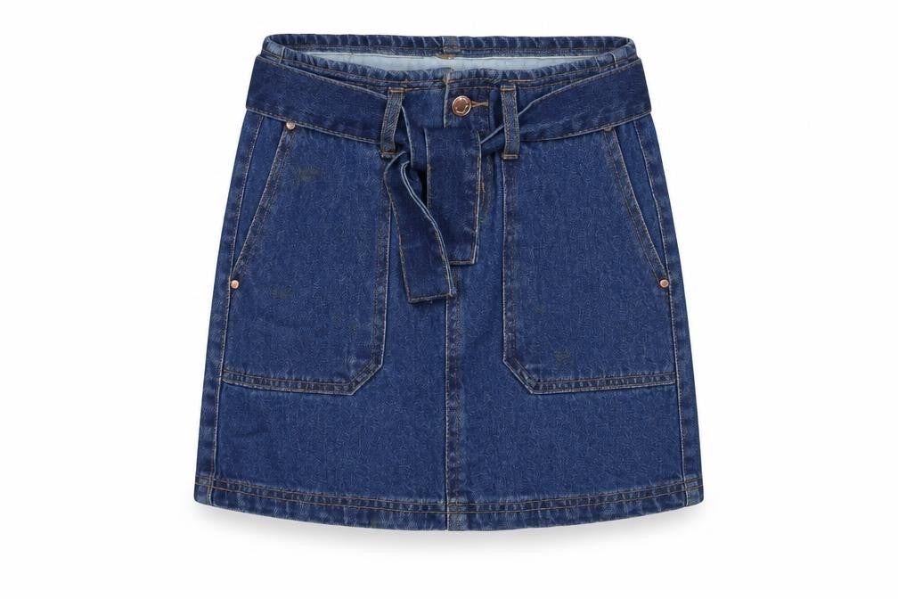 Front view of Denim & Co. girls’ blue cotton a-line skirt, size 9-10, years regular zip - belted