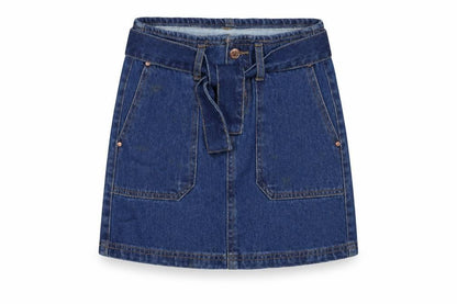 Front view of Denim & Co. girls’ blue cotton a-line skirt, size 9-10, years regular zip - belted
