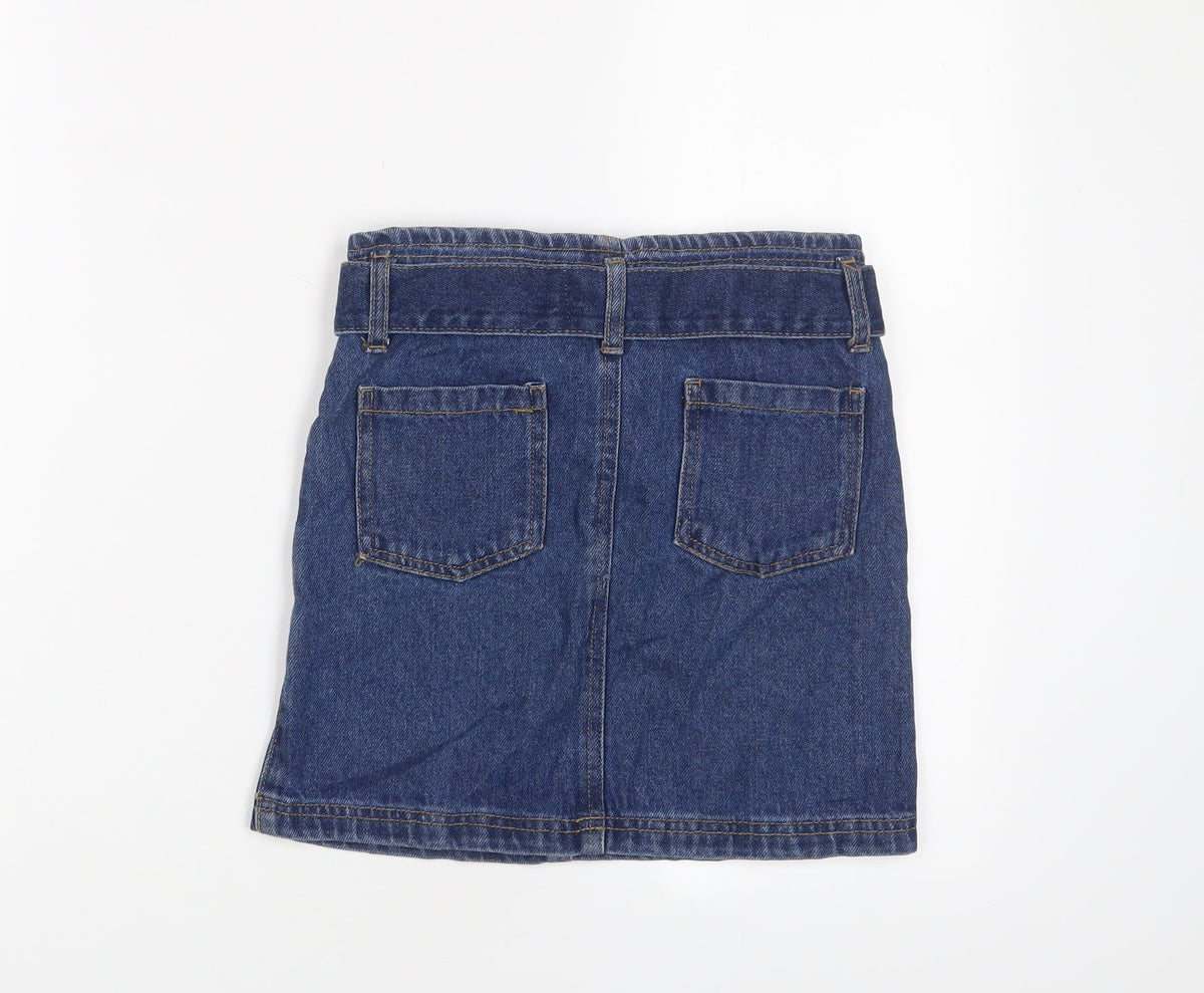 Back view of Denim & Co. girls’ blue cotton a-line skirt, size 9-10, years regular zip - belted