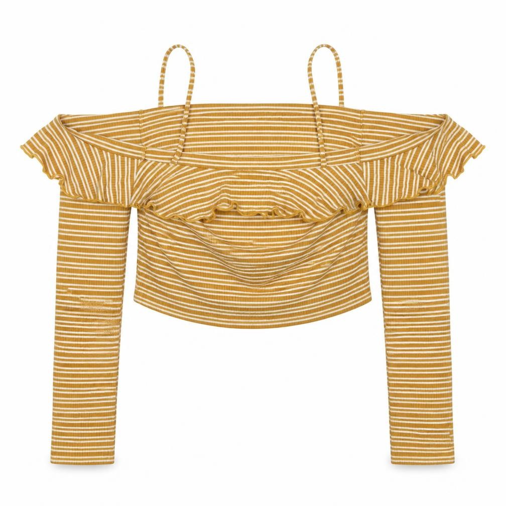Select Womens Yellow Striped Polyester Basic Blouse Size 10 Off the Shoulder