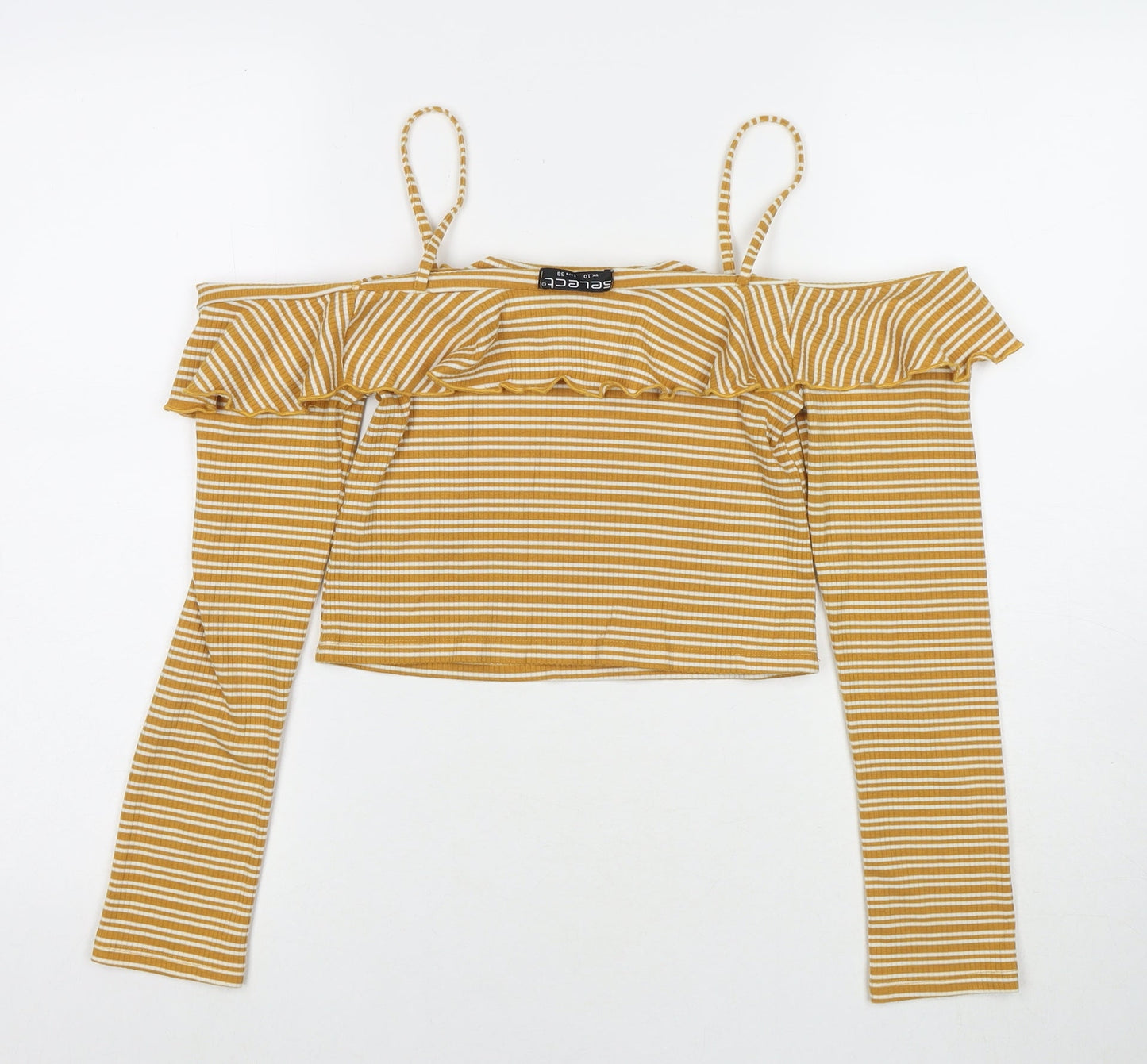 Select Womens Yellow Striped Polyester Basic Blouse Size 10 Off the Shoulder