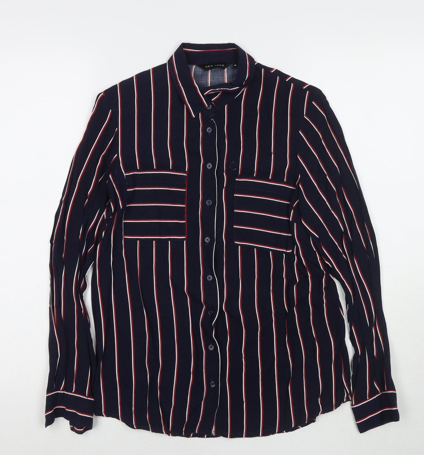 New Look Womens Blue Striped Viscose Basic Button-Up Size 10 Collared