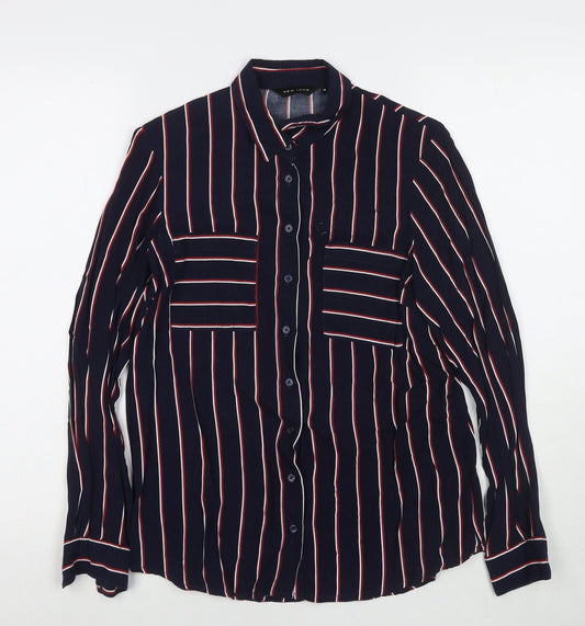 New Look Womens Blue Striped Viscose Basic Button-Up Size 10 Collared