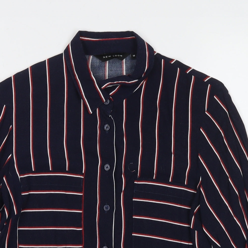 New Look Womens Blue Striped Viscose Basic Button-Up Size 10 Collared