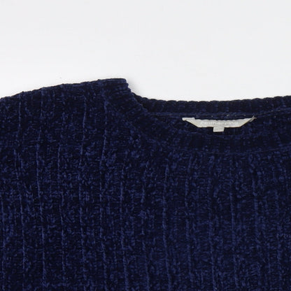 Close-up detail of Red Herring women’s blue round neck polyester jumper, size UK 12