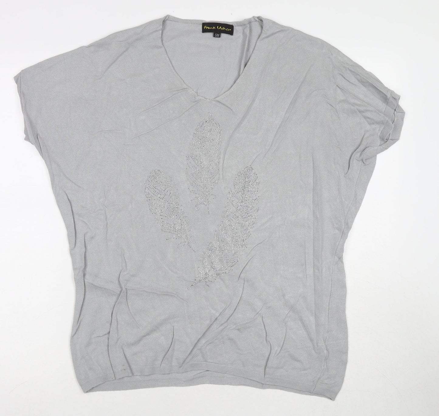Frank Usher Womens Grey Viscose Tunic T-Shirt Size S Round Neck - Sequin Detail Flower Size S/M