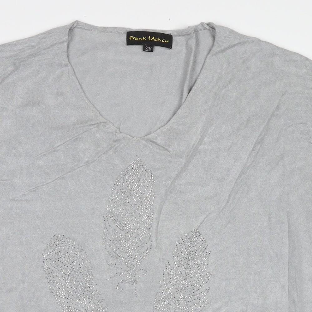 Frank Usher Womens Grey Viscose Tunic T-Shirt Size S Round Neck - Sequin Detail Flower Size S/M