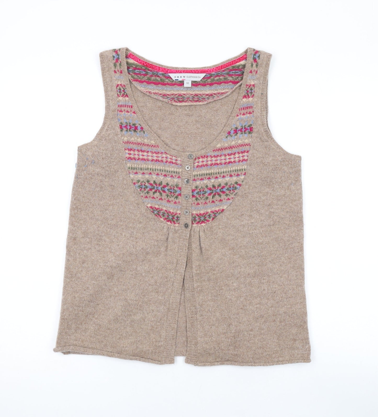Crew Clothing Womens Brown Scoop Neck Geometric Wool Cardigan Jumper Size 10