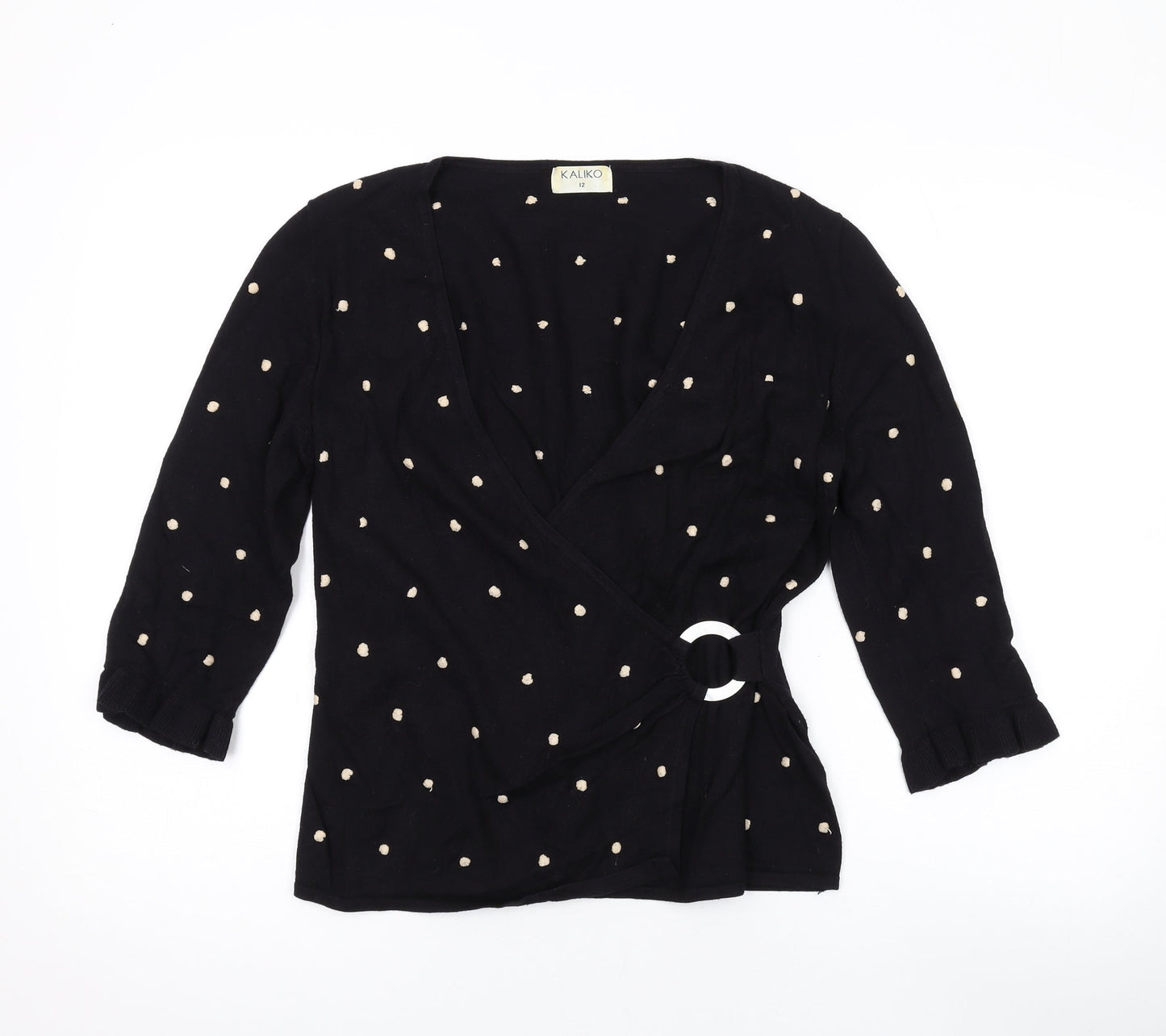 Kaliko Womens Black V-Neck Polka Dot Viscose Wrap Jumper Size 12
