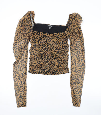 Additional front view of Missguided women’s brown animal print polyester basic blouse, size UK 6, square neck - leopard print