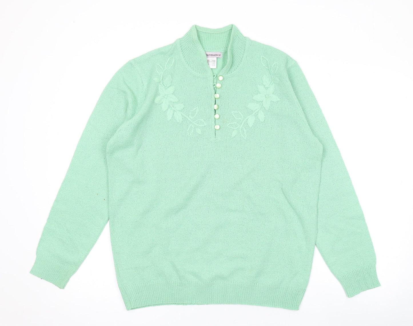 Charmance Womens Green V-Neck Acrylic Pullover Jumper Size 18