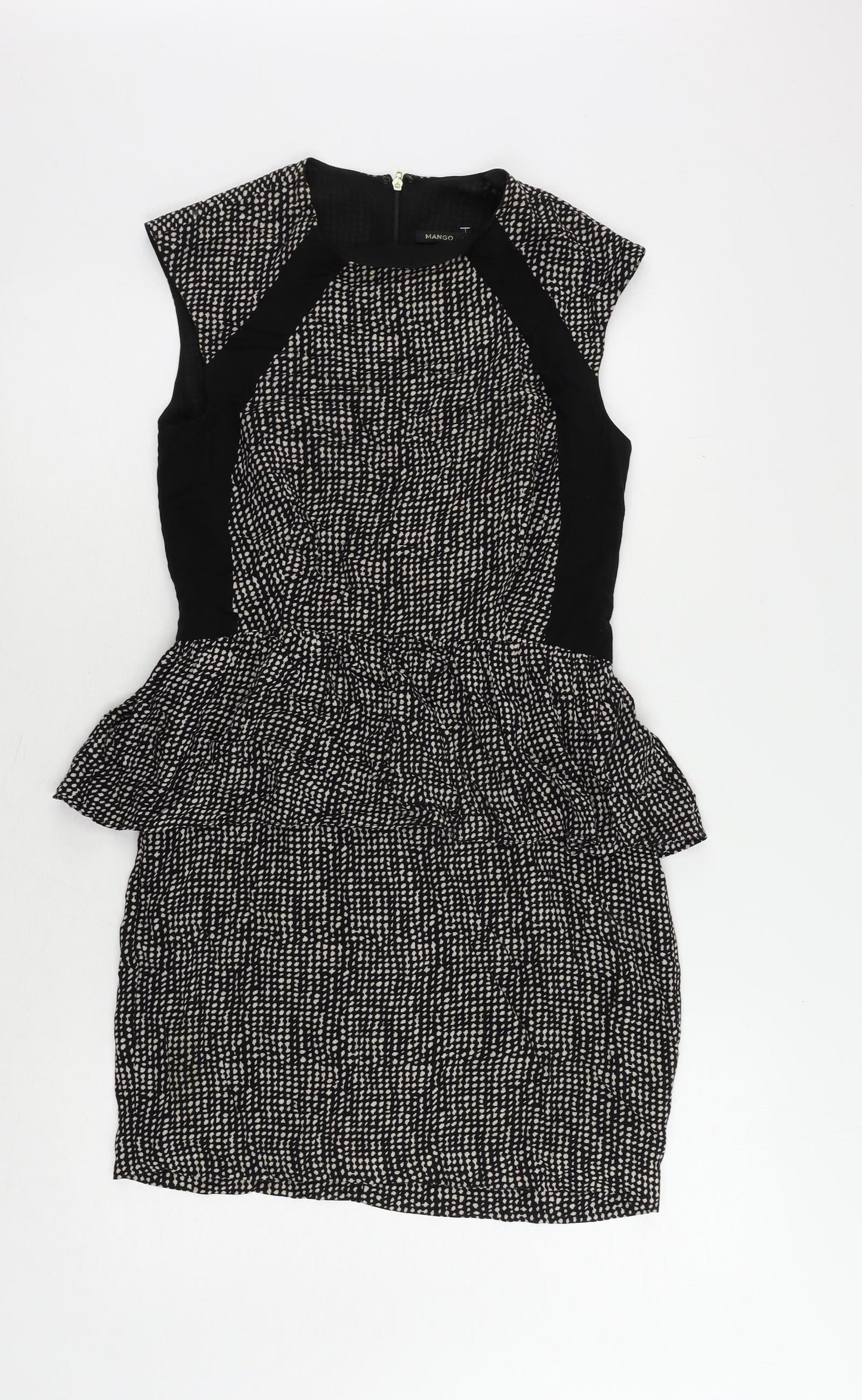 Mango Womens Black Geometric Viscose Pencil Dress Size XS Round Neck Zip - Peplum