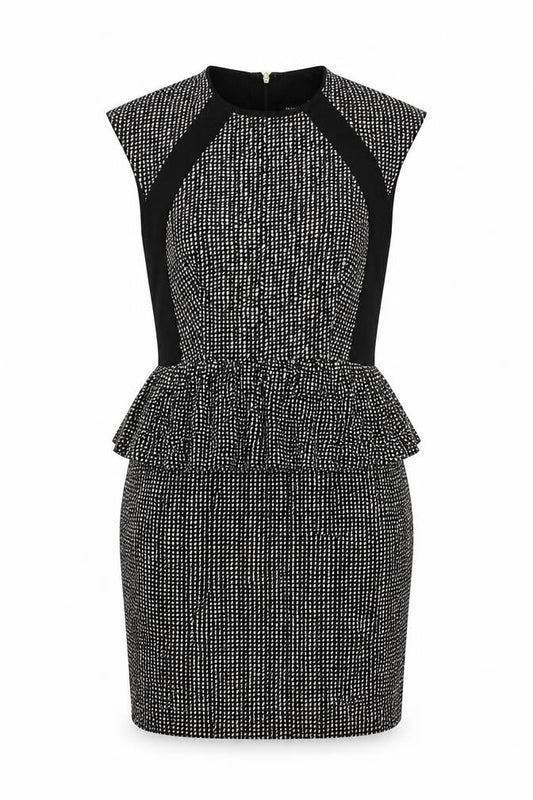 Mango Womens Black Geometric Viscose Pencil Dress Size XS Round Neck Zip - Peplum