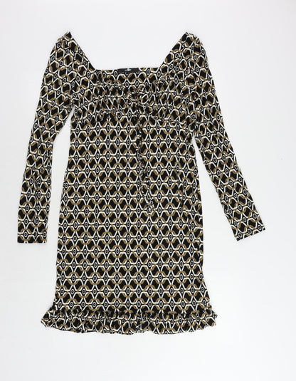 Next Womens Brown Geometric Viscose A-Line Size 8 V-Neck Pullover - Ruffle