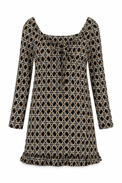Next Womens Brown Geometric Viscose A-Line Size 8 V-Neck Pullover - Ruffle