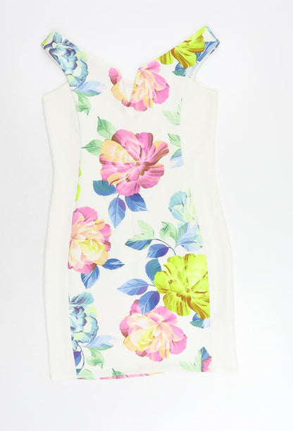 I-X London Womens White Floral Polyester Mini Size 12 V-Neck