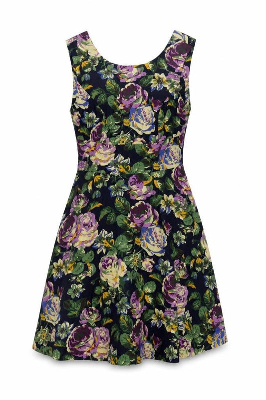 Front view of Red Herring women’s blue floral polyester fit & flare, size UK 10, boat neck zip