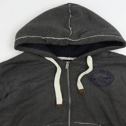 Close-up detail of Lee Cooper men’s grey polyester full zip hoodie, size S, - logo